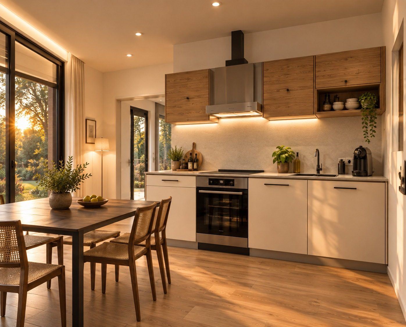Cuisine équipée et espace repas d’une maison modulaire Nöma (modèle Line), lumière du soir