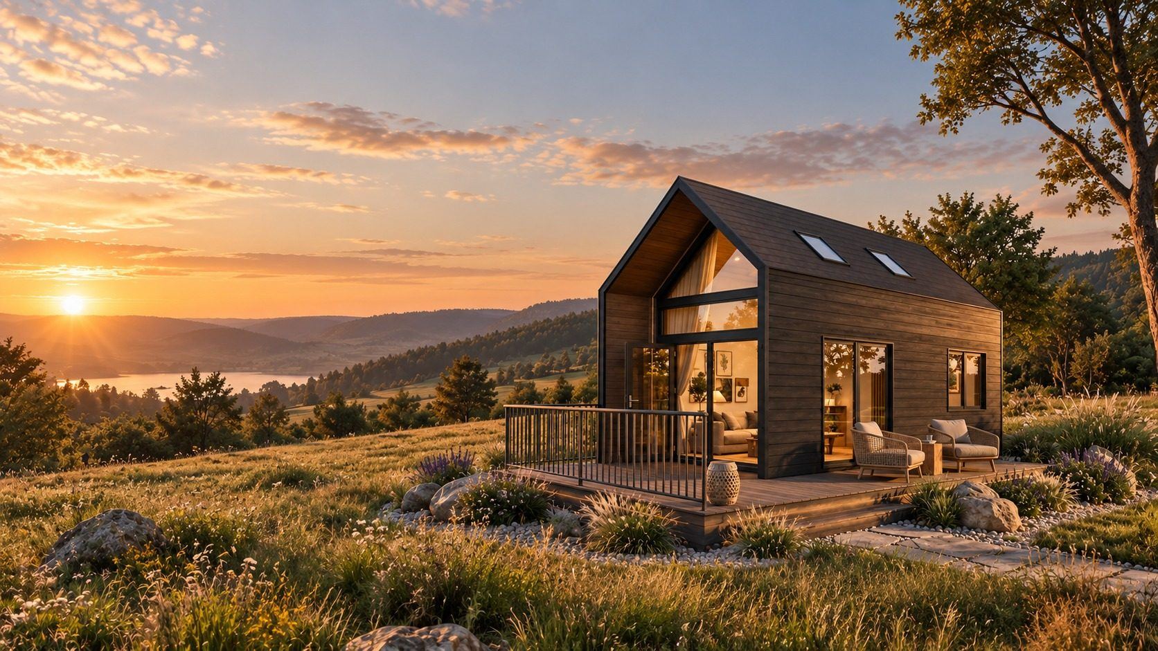 Habitat modulaire Nöma au toit plat, façade vitrée illuminée au coucher du soleil, entouré de pins et surplombant un lac de montagne