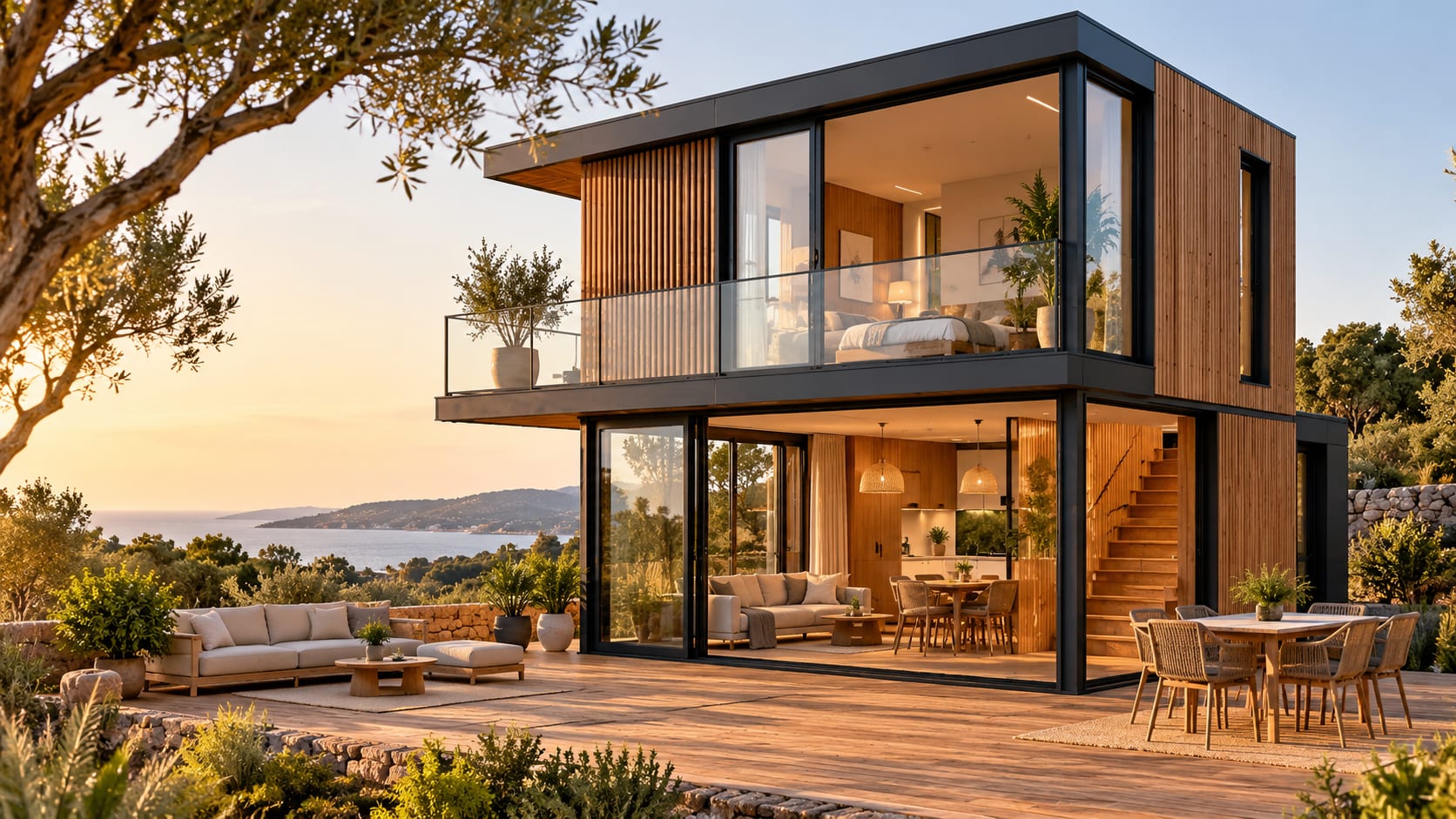 Maison modulaire à deux niveaux avec terrasse en bois et vue sur la mer au coucher du soleil