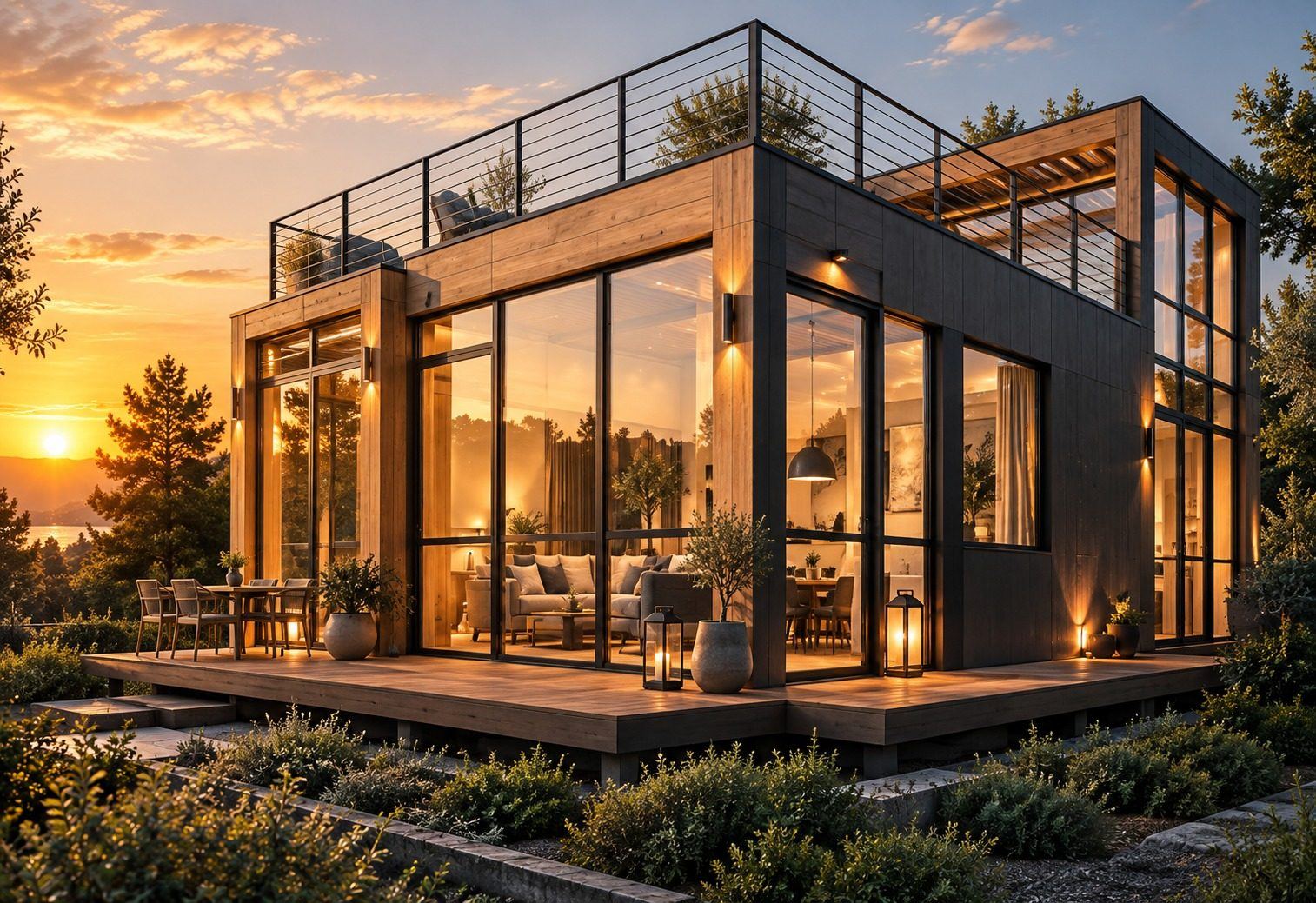Nöma Court, maison modulaire à deux niveaux avec terrasse sur toit, façade vitrée face à un panorama urbain au coucher du soleil