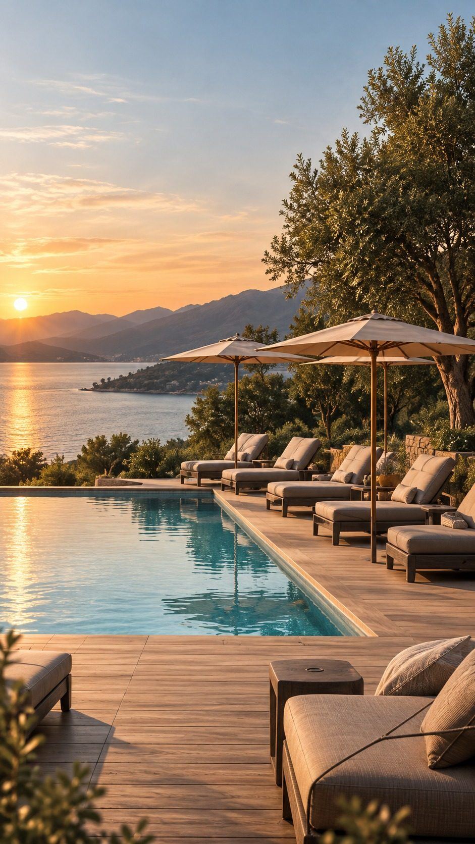 Terrasse avec piscine et transats bordée d'habitats Nöma, destinée à l'hôtellerie de plein air