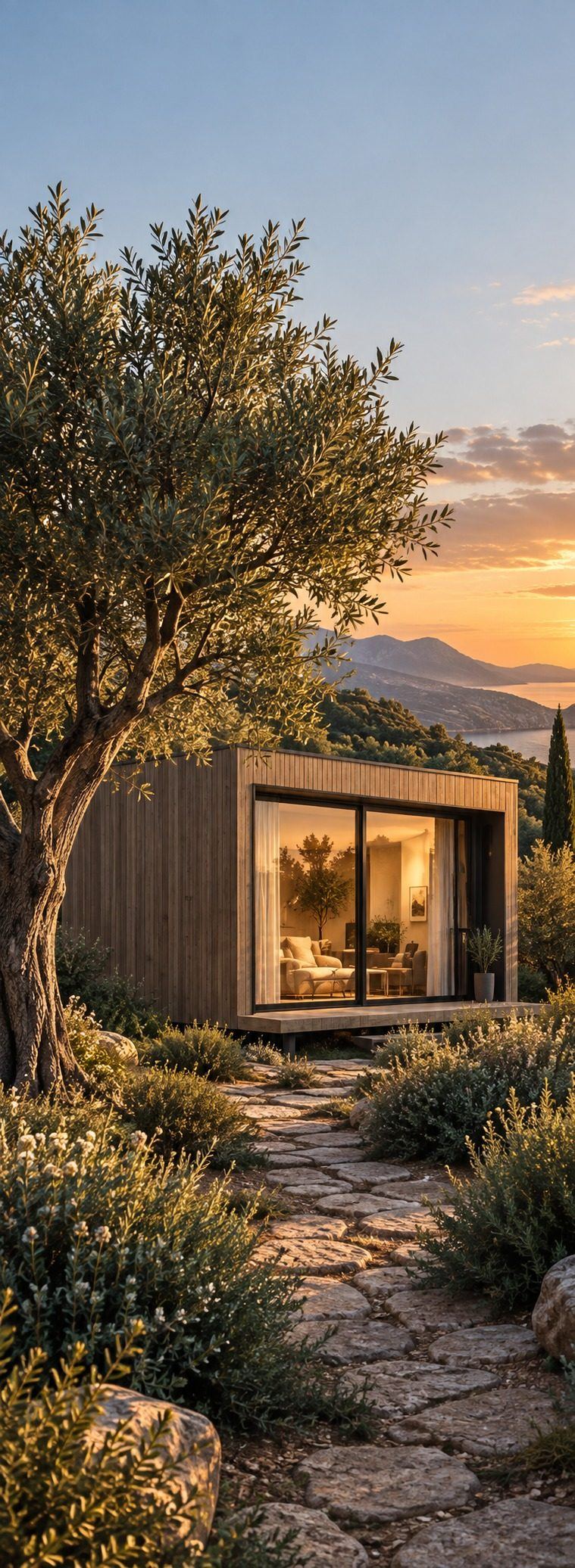 Petite maison Nöma en bois entourée d'oliviers, sentier de pierre menant à l'entrée